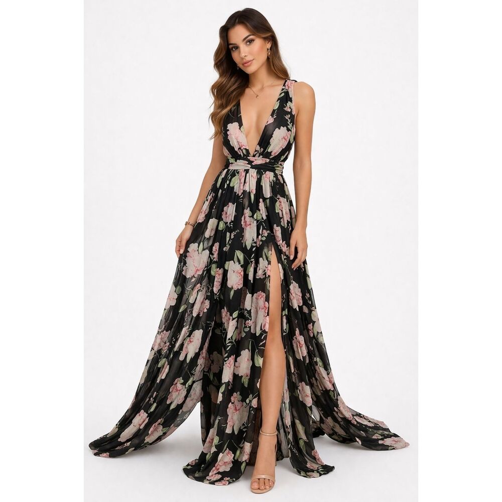Windsor Black Floral Plunge Maxi Gown with Slit size Small